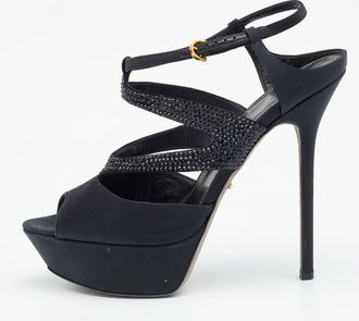 Sergio Rossi Black Satin Embellished Ankle Strap Sandals