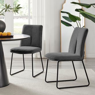 Furniturebox Set of 2 Modern Chic Deep Padded Soft & Durable Stitched Fabric & Black Powder Coated Metal Leg Dining Chairs in Dark Grey
