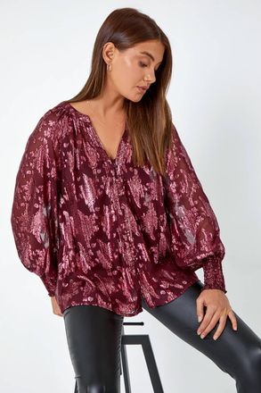 Roman Abstract Metallic Print V-Neck Blouse
