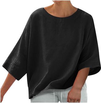Generic Ladies Blouses 3/4 Length Sleeve Cotton Linen Shirts Crew Neck Fashion Solid Color Womens Tops Basic Tees Dressy Work Elegant Blouse Lightweight Overs