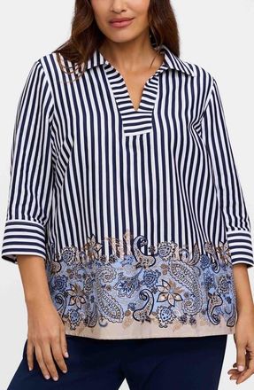 Foxcroft Julia Stripe Cotton Popover Top in Blue Multi at Nordstrom, Size 1 X
