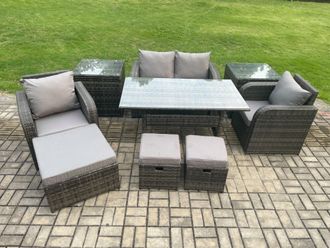 Fimous Rattan Outdoor Garden Furniture Set Rectangular Dining Table & Chair Sofa Set With 2 Side Tables 3 Footstool in Dark Grey