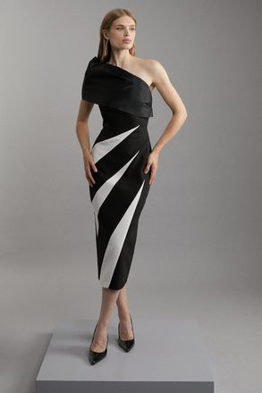 Karen Millen Womens Clean Tailored Taffeta One Shoulder Panel Midi Dress - Monochrome Multi - Size 6 UK