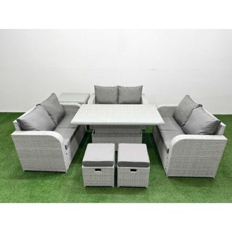 Fimous 8 Seater pe Wicker Rattan Furniture Sofa Sets with Adjustable Lifting Dining or Coffee Table 2 Seater Love Sofa 2 Stool Side Table Light Grey - Fimous