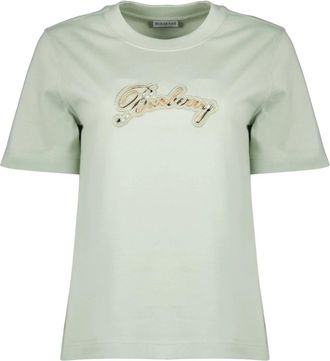 Burberry Check Cursive Logo Katoenen T-shirt - Dames - T-shirts - Groen - M - Katoen - Tops