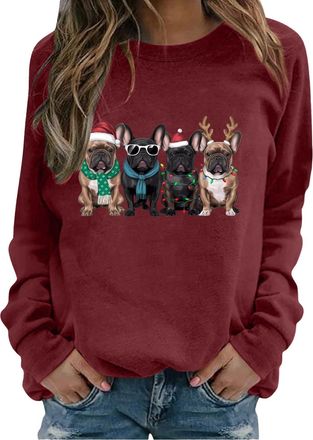 Generic Christmas Sweatshirt For Women Funny Cute Light Up Christmas Dogs Printed Jumper Novelty Xmas Graphic Sweatshirts Long Sleeve Pet Lovers Pullover Tops
