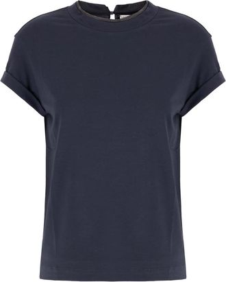Brunello Cucinelli T-Shirt met juweeldetail - Dames - T-shirts - Blauw - L - Katoen - Tops