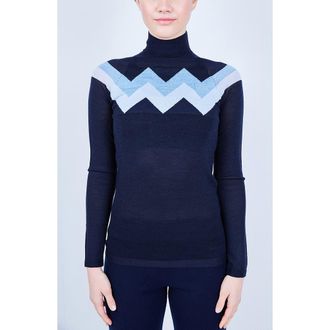 L'Etoile CHEVRON MOCK NECK SWEATER in Navy With Light Blue Trim at Nordstrom, Size X-Small