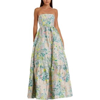 Mac Duggal Floral Brocade Strapless A Line Gown in Pastel Multi at Nordstrom, Size 16