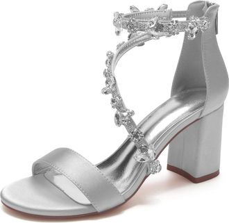 Generic Wedding Shoes Bridal Satin Block Heels Open Toe Chunky Heels Bridal Shoes Womens High Sandals 8Cm,Silver,10 UK