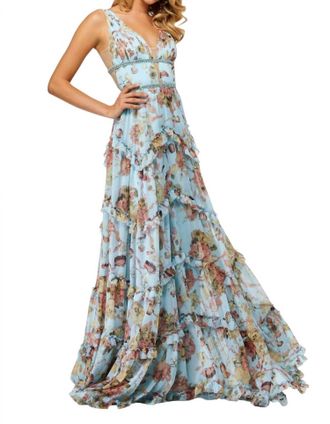Sherri Hill Floral Chiffon Gown In Light Blue/multi