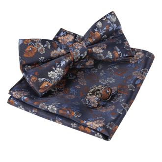 Alizeal Mens Floral Pattern Pre-tied Bow Tie, Pocket Square and Cufflinks Set, Navy+Orange