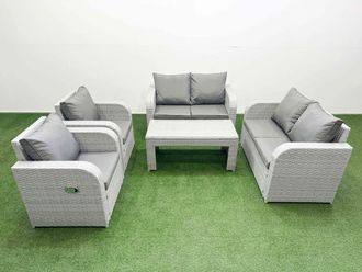 Fimous 6 Seater Outdoor Reclining Chair Love Sofa Set Rattan Garden Furniture Set with Oblong Coffee Table Light Grey