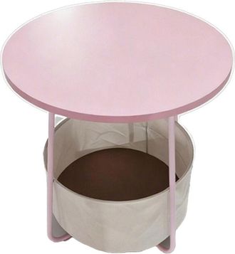 Relaxdays Relaxdays round side table with fabric basket, H x D 50x45 cm, for living room, MDF & metal, pink-cream