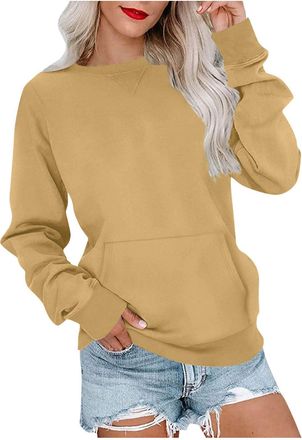 Generic Crewneck Sweatshirt Women, Ladies Sweatshirts without Hood Womens Oversized Crewneck Long Sleeve Jumpers Casual Thin Plain Tunic Tops Classic Fit Autu