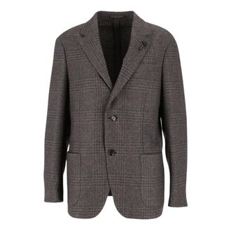 Lardini Jassen, Heren, Bruin, M, Leer, Roma Prince of Wales ruitpatroon blazer