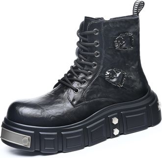 Generic Mens Chunky Heel Platform Short Boots Lace Up Combat Boots with Side Zipper Round Toe PU Leather Biker Boot,Black,7.5 UK