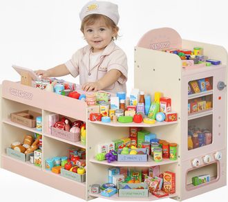 OEM Supermercado Juguete Madera Con Caja Registradora M&aacute;quina Expendedora 3 Estantes Abiertos 4 Compartimentos Rosa