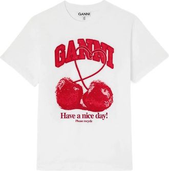 Ganni Bead-embellished Chery-print T-shirt