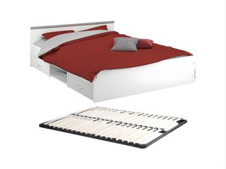 Vente-Unique Cama con compartimentos 140 x 190 cm - 2 cajones y 1 estante - Color: blanco + Somier - PABLO