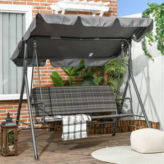 OUTSUNNY 3-person Outdoor Rattan Swing Chair, Hanging Bench with Stand & Adjustable Canopy in Grey
