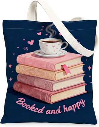 Generic Coffee Cup and Book Canvas Tote Bags, Cute Drink Stack Pattern Reusable Bags, Cozy Vintage Lightweight Washable Shoulder Fo, Navy, 13x15 Inch