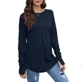 Generic Women Long Sleeve T-Shirts with Thumb Hole Casual Fall Autumn Pullover Tops Thermal Shirts for Ladies UK Solid Crew Neck Base Layer Tee Shirt Longline