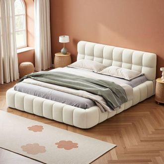 OEM Cama 140x190 Cm Nexu Beige En Lino - Capitonada Con Somier De Lamas Y Cabecera Acolchada