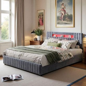 OEM Cama Con Arc&oacute;n 160x200 - Cama Doble - Iluminaci&oacute;n Led Rgb - Almacenamiento Hidr&aacute;ulico - Terciopelo Gris