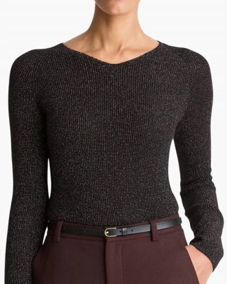 Vince Metallic Ribbed High V-Neck Sweater In Black