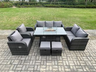 Fimous Garden Patio Furniture Wicker Rattan Gas Fire Pit Table & Sofa Chair set with 2 Small Footstools Dark Grey Mixed