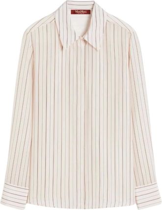 Max Mara Gestreepte Zijden Blouse - Dames - Overhemden - Wit - M - Leer - Overhemden