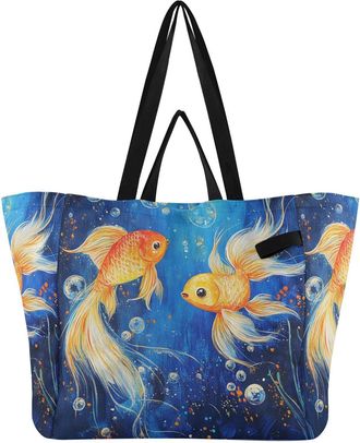 Generic White Bubbles Goldfish print Reusable Canvas Tote Bag, Heavy Duty Grocery Shopping Bag with Double Handles Hard Bottom Large Capacity Work Groceries T
