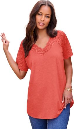 Roaman's Plus Size V Neck Short Sleeve Lace Trim Tee in Sunset Coral at Nordstrom, Size 32