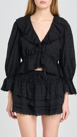 Wayf Sophia Eyelet Lace Trim Babydoll Crop Top in Black at Nordstrom, Size X-Small
