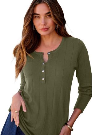 Roaman's Plus Size Drop Needle Henley Lightweight Sweater Knit in Dark Olive Green at Nordstrom, Size Small