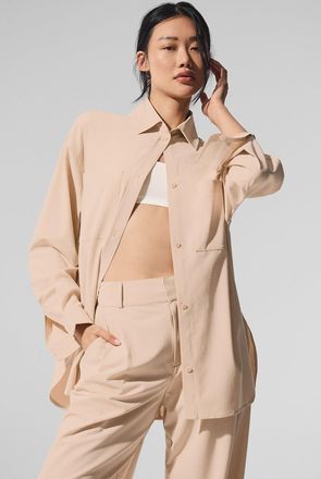 Alo | Dreamscape Button Down Long Sleeve Top in Macadamia Beige, Size: Medium