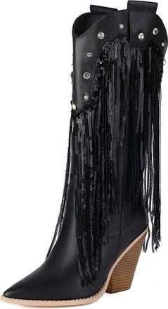 Generic Womens Pointed Toe Knee High Boots with Rhinestone Chunky High Heel Long Boot PU Leather Tassel Boots,Black,2.5 UK