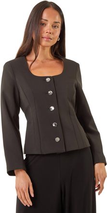 Roman Womens Petite Scoop Neck Buttoned Jacket - Black - Size 16 UK
