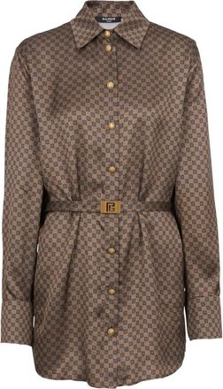 Balmain Zijden shirt met een minimonogramprint - Dames - Tunieken - Bruin - S - Overhemden