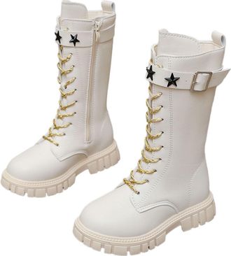 Generic Black Girls Knee-High Boots with Side Zippers Fashion Non Slip Mid-Calf Cowgirl Boots Casual Lace-Up Soft and Comfort Red Gold Yellow Kids School Shoe