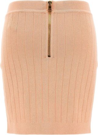 Balmain Gold-Button Ribbed Knit Skirt - Powder Pink