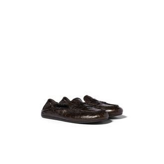 Miu Miu Crocodile Embossed Calfskin Loafers, Woman, Dark Brown, Size 35,5