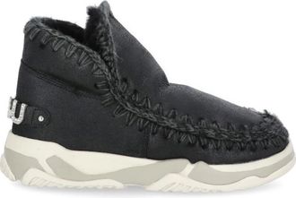 Mou Winter Boots, female, Black, Size: 7 US Black Shearling Ankle Boots with Crochet