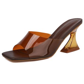 Generic MiaZane Womens Slide Sandals Chunky Crystal Block Heel Square Toe Strap Mules Dressy Fashion Heeled Slides for Evening Reception & Summer Events,Brown