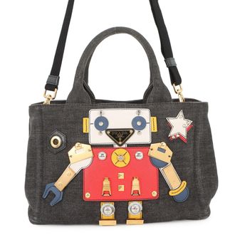 Prada Black Multi-Color Leather Denim Handbag Shoulder Bag Tote Bag (Pre-Owned)