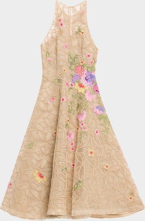 Naeem Khan Raffia Floral Embroidered Sleeveless Midi Dress