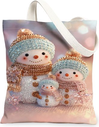 Generic Winter Snow Man Canvas Tote Bags, Festive Holiday Reusable Grocery Bags, Lightweight Washable Shoulder Strap Canvas for Out, Light Blue, 13x15 Inch