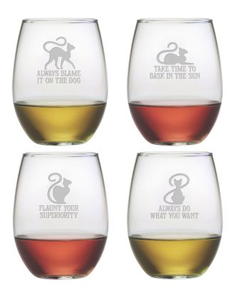 SUSQUEHANNA GLASS Cat Philosophy Set Of 4 21Oz Stemless Wine Glasses