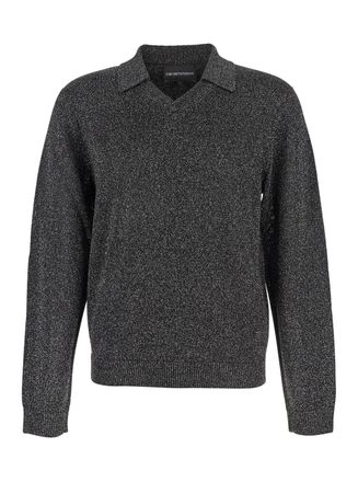 Emporio Armani Black Polo Shirt With Classic Collar And Lurex Finish In Tech Fabric Man